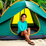 A serene outdoor scene of a female camper in modest, practical outdoor wear (light long-sleeved shirt, cargo shorts, hiking sandals), sitting peacefully beside a sturdy, two-layer camping tent. The tent is pitched on soft sand at a secluded beach campsite on St. Lucia, facing the calm turquoise Caribbean Sea. Lush tropical vegetation frames the background. Golden hour light casts a warm glow over the scene. A compact camping stove and a simple mug are visible nearby.
    *   **Quality modifiers:** perfect anatomy, correct proportions, natural pose, well-formed hands, proper finger count, natural body proportions, professional photography, high quality, realistic.
    *   **Safety modifiers:** safe for work, appropriate content, fully clothed, modest clothing, family-friendly.