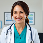 **

"A professional female doctor in a fully clothed, modest white lab coat, stethoscope around her neck, smiling warmly in a bright and clean hospital office, appropriate attire, safe for work, perfect anatomy, natural proportions, professional medical photography, high quality."

**