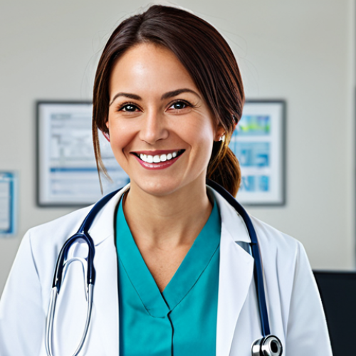 Home 25 **
"A professional female doctor in a fully clothed, modest white lab coat, stethoscope around her neck, smiling warmly in a bright and clean hospital office, appropriate attire, safe for work, perfect anatomy, natural proportions, professional medical photography, high quality."
**