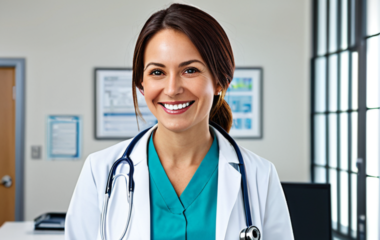 **

"A professional female doctor in a fully clothed, modest white lab coat, stethoscope around her neck, smiling warmly in a bright and clean hospital office, appropriate attire, safe for work, perfect anatomy, natural proportions, professional medical photography, high quality."

**