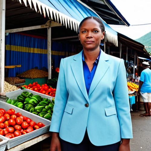 Home 24 **
"A professional businesswoman in a modest business suit, standing in front of the colorful Castries Market in St. Lucia, fully clothed, appropriate attire, safe for work, perfect anatomy, natural proportions, professional photography, high quality."
**