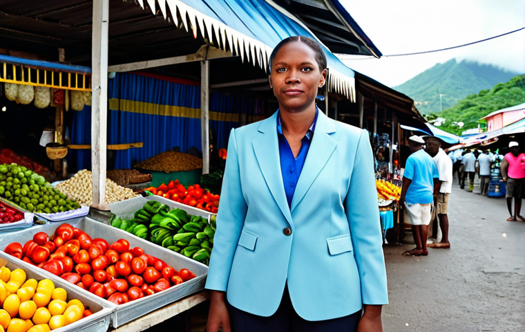 **

"A professional businesswoman in a modest business suit, standing in front of the colorful Castries Market in St. Lucia, fully clothed, appropriate attire, safe for work, perfect anatomy, natural proportions, professional photography, high quality."

**