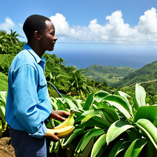 Home 23 Sustainable Farming in St. Lucia**
A lush, green hillside farm in St. Lucia. A farmer, fully clothed in work clothes, tends to organic banana plants. In the background, a solar-powered irrigation system is visible. Blue skies with fluffy clouds. The scene conveys sustainable agriculture and environmental consciousness. Safe for work, appropriate content, fully clothed, professional, family-friendly, perfect anatomy, correct proportions, natural pose, well-formed hands, proper finger count, natural body proportions.
**