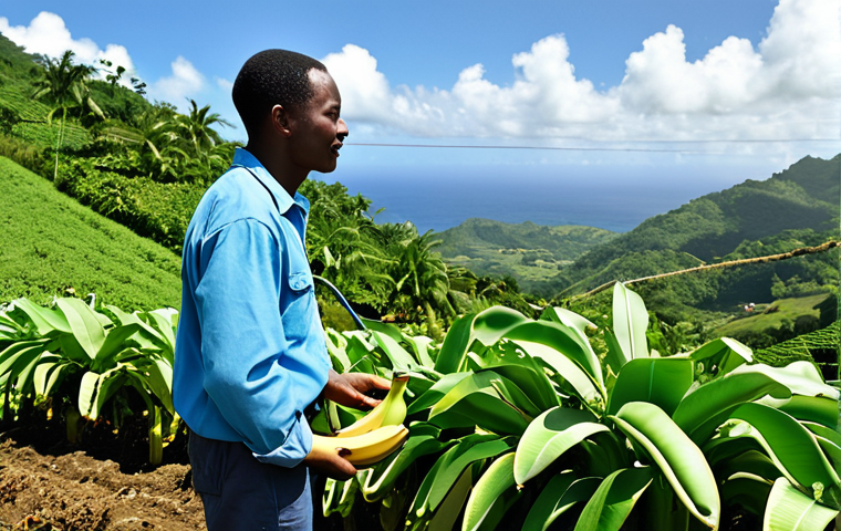 Sustainable Farming in St. Lucia**

A lush, green hillside farm in St. Lucia. A farmer, fully clothed in work clothes, tends to organic banana plants. In the background, a solar-powered irrigation system is visible. Blue skies with fluffy clouds. The scene conveys sustainable agriculture and environmental consciousness. Safe for work, appropriate content, fully clothed, professional, family-friendly, perfect anatomy, correct proportions, natural pose, well-formed hands, proper finger count, natural body proportions.

**