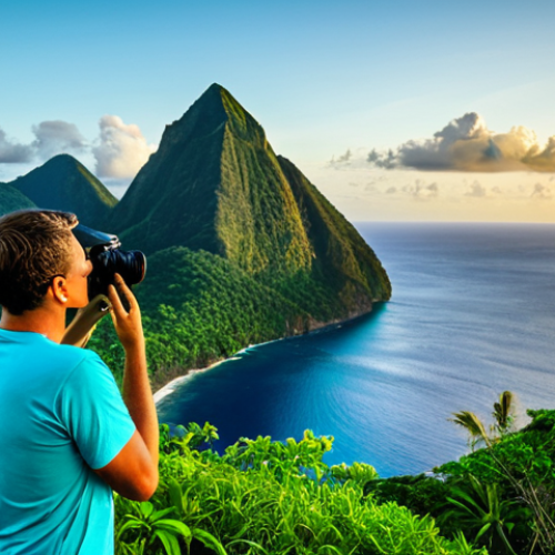 Home 12 St. Lucia - Pitons View**
"A professional photographer capturing the majestic Pitons of St. Lucia at sunset. Lush green vegetation in the foreground, calm turquoise water in the midground, and the iconic Pitons silhouetted against a vibrant sky. Fully clothed photographer with professional equipment. Safe for work, appropriate content, professional quality, perfect anatomy, natural pose, modest attire."
**