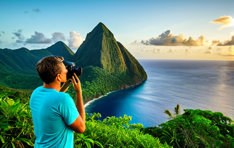 St. Lucia - Pitons View**

"A professional photographer capturing the majestic Pitons of St. Lucia at sunset. Lush green vegetation in the foreground, calm turquoise water in the midground, and the iconic Pitons silhouetted against a vibrant sky. Fully clothed photographer with professional equipment. Safe for work, appropriate content, professional quality, perfect anatomy, natural pose, modest attire."

**